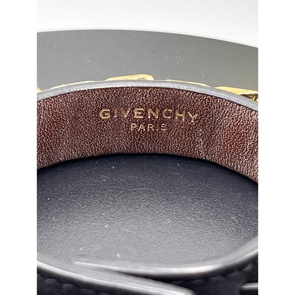Givenchy Gold Tone Chain Link Black Leather Wrap Snap Bracelet Sz‎ M Italy - Picture 6 of 8